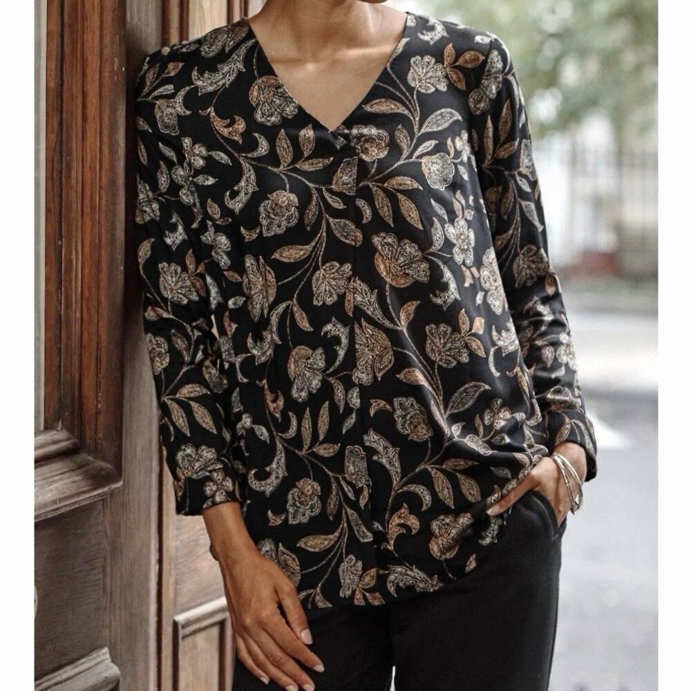 J Jill Printed V Neck Popover Top Womens Large Cuffed 3/4 Sleeve Viscose